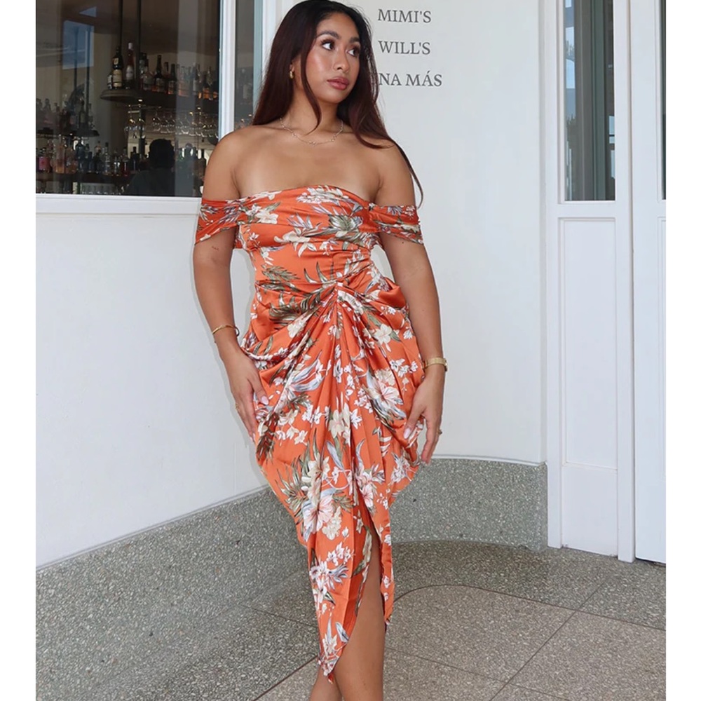 Rust Floral Print Satin Draped Bardot Midi Dress